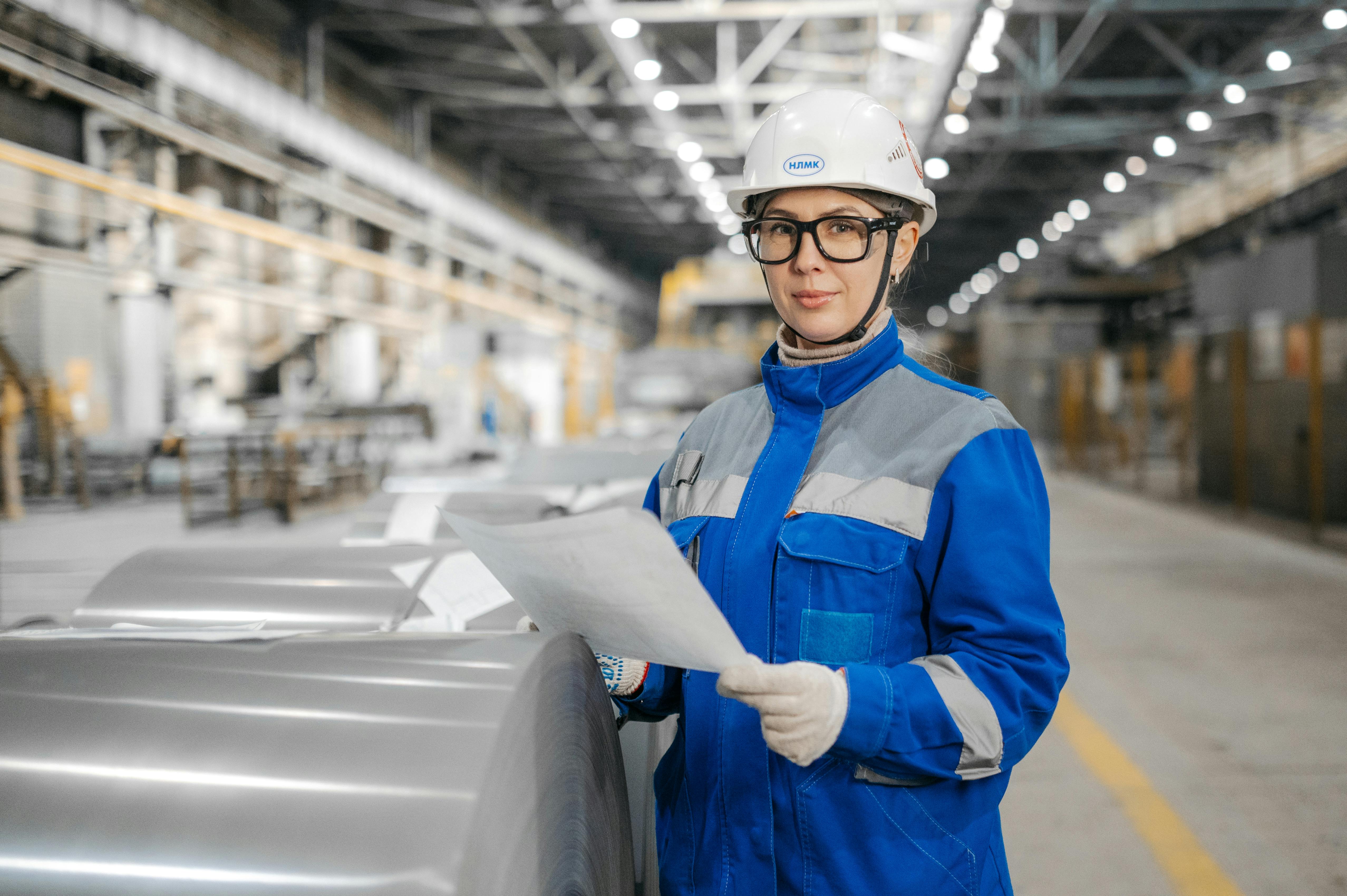 Woman in blue work uniform and white hard hat holding documents in an industrial factory setting.