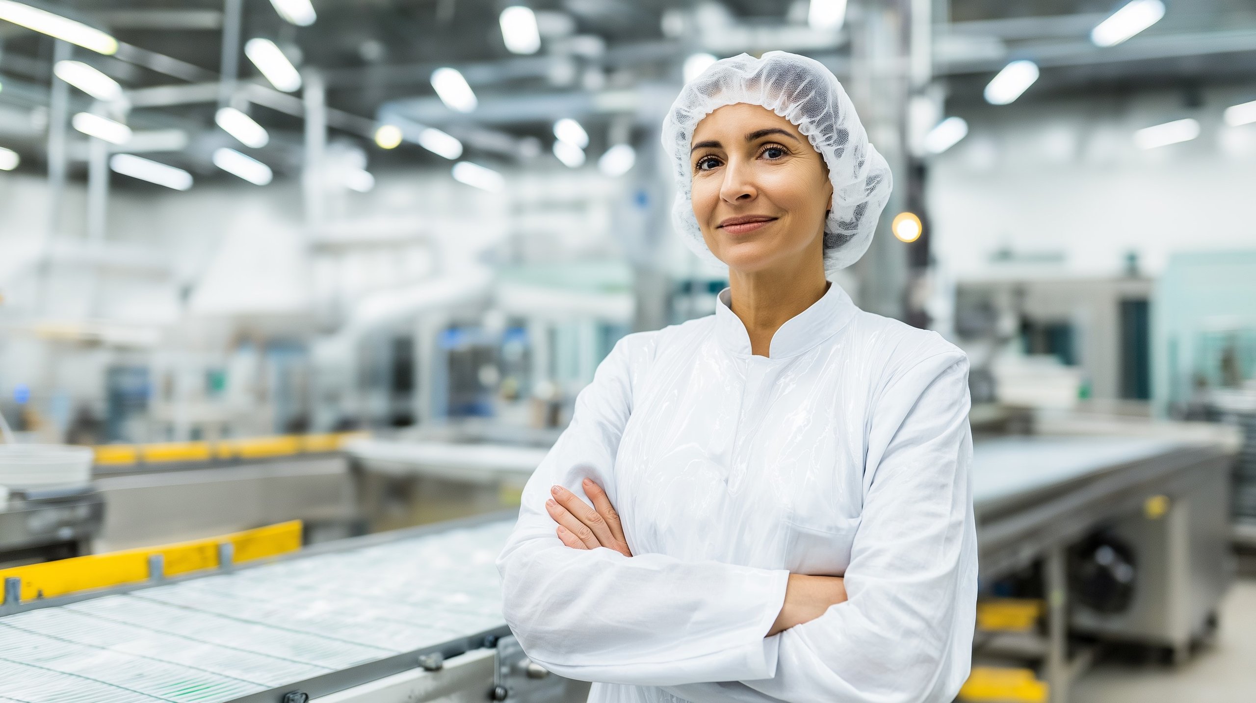 Confident female factory worker in white protective clothing and hairnet standing with arms crossed in a food production facility.